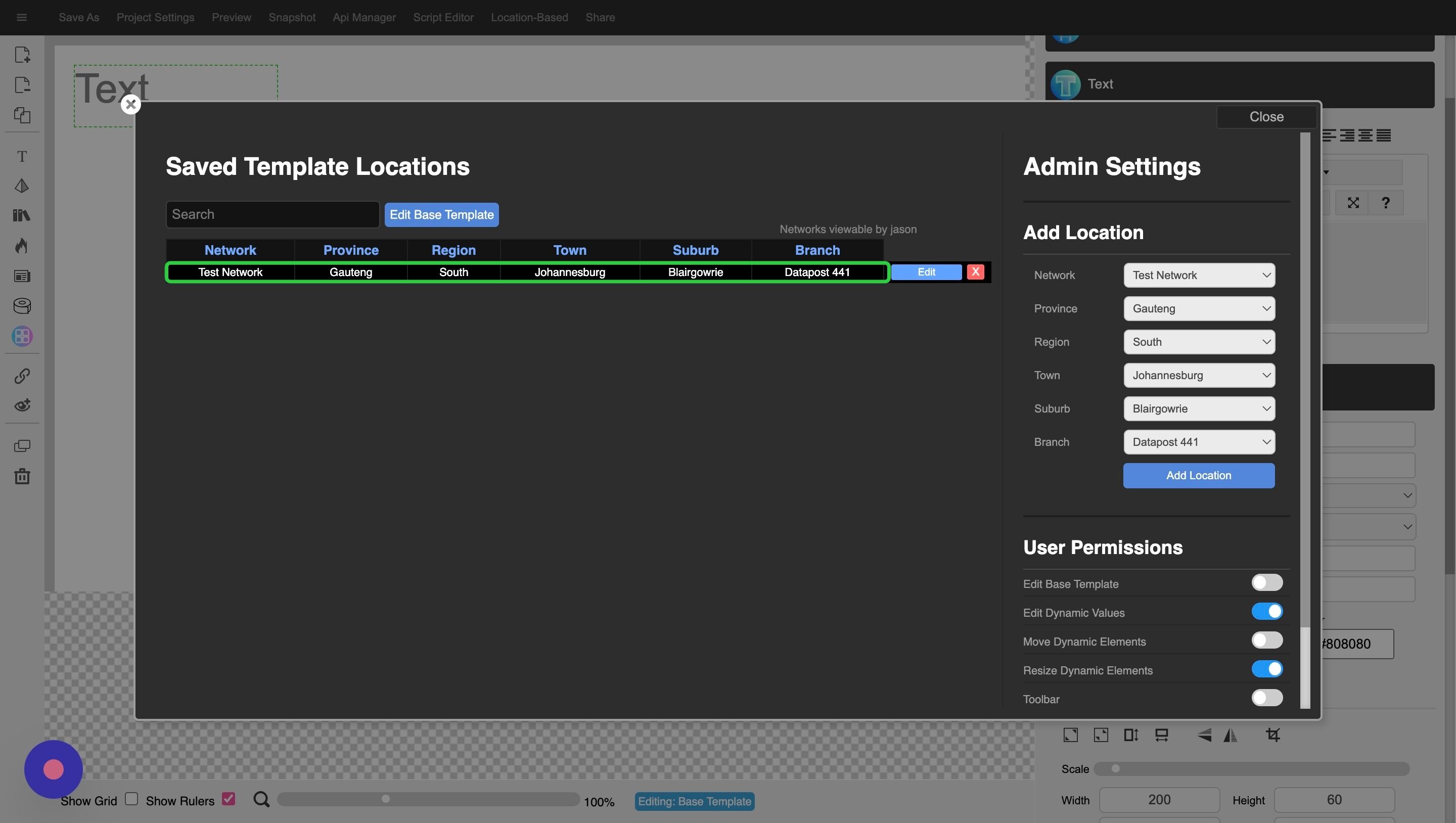 Screenshot of: Click on your location to edit the XID project on the server. The changes can now also be made on the app. Always remember to save you XID project in the horizontal menu bar above the canvas.