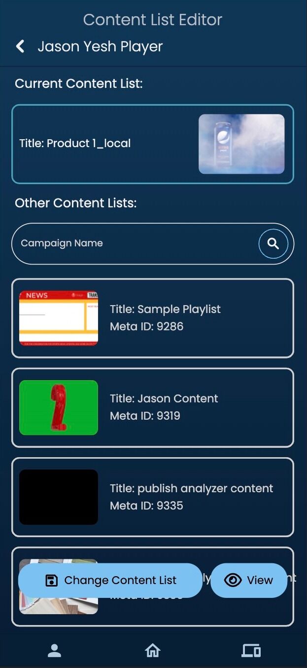 Screenshot of: This will take you to the 'Content List Editor' page. The current content list is shown at the top, and a list of potential content lists that you can change it to are shown beneath.