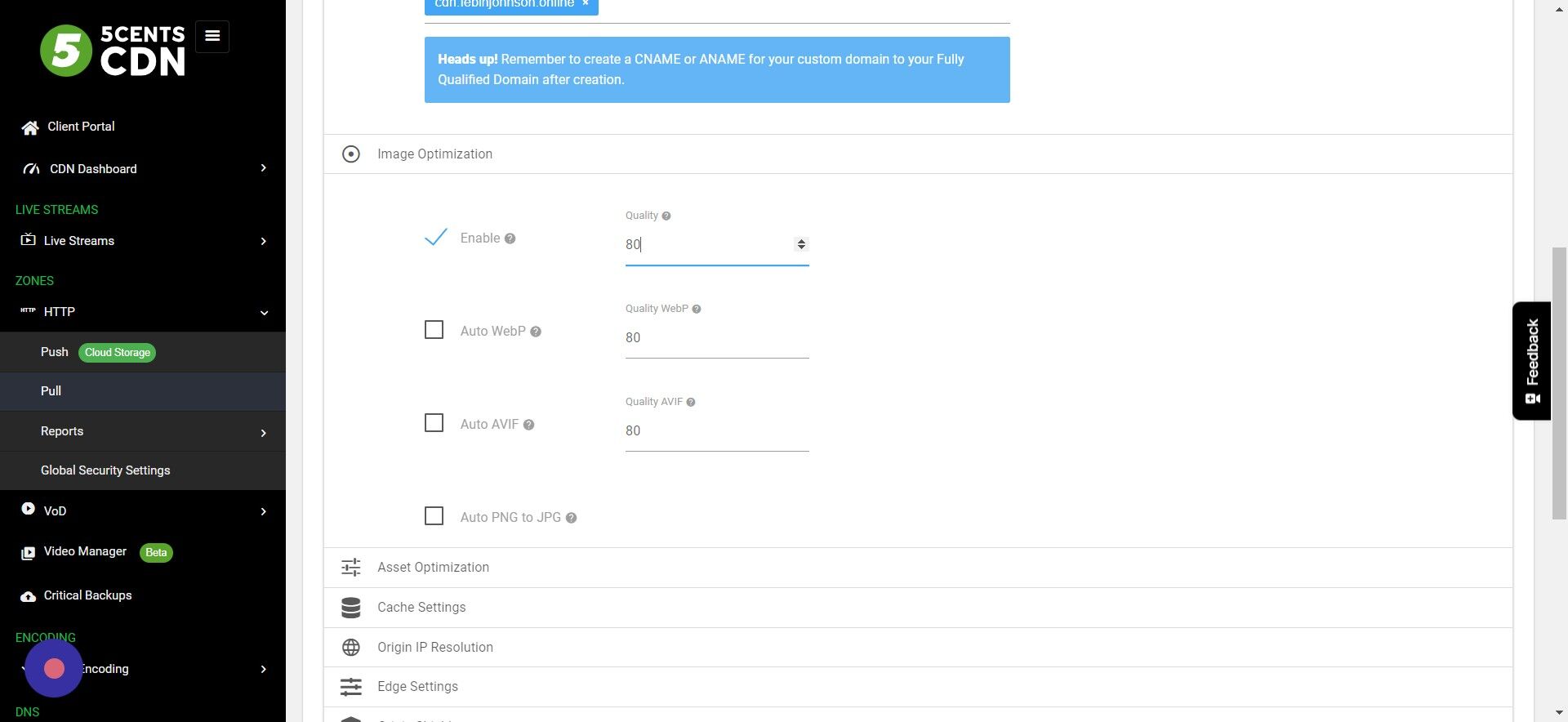 Screenshot of: Auto WebP: Specify whether the WebP format should be automatically used if the request supports it (via the Accept header). Additionally, you can define the desired quality level for optimized WebP images 