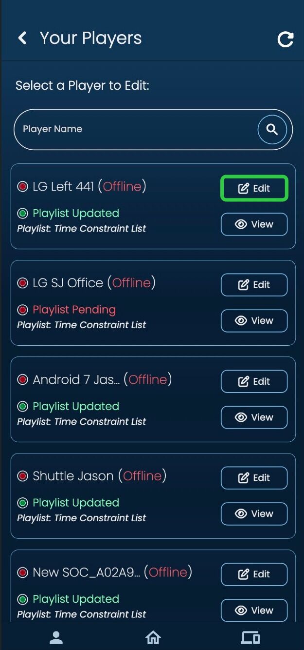Screenshot of: Click the 'Edit' button on the player that you wish to edit.