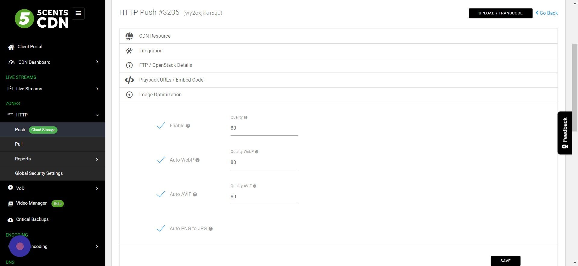Screenshot of: Auto AVIF: Specify whether AVIF format should be used automatically if the request accepts it(via Accept header). Define the quality index for this type