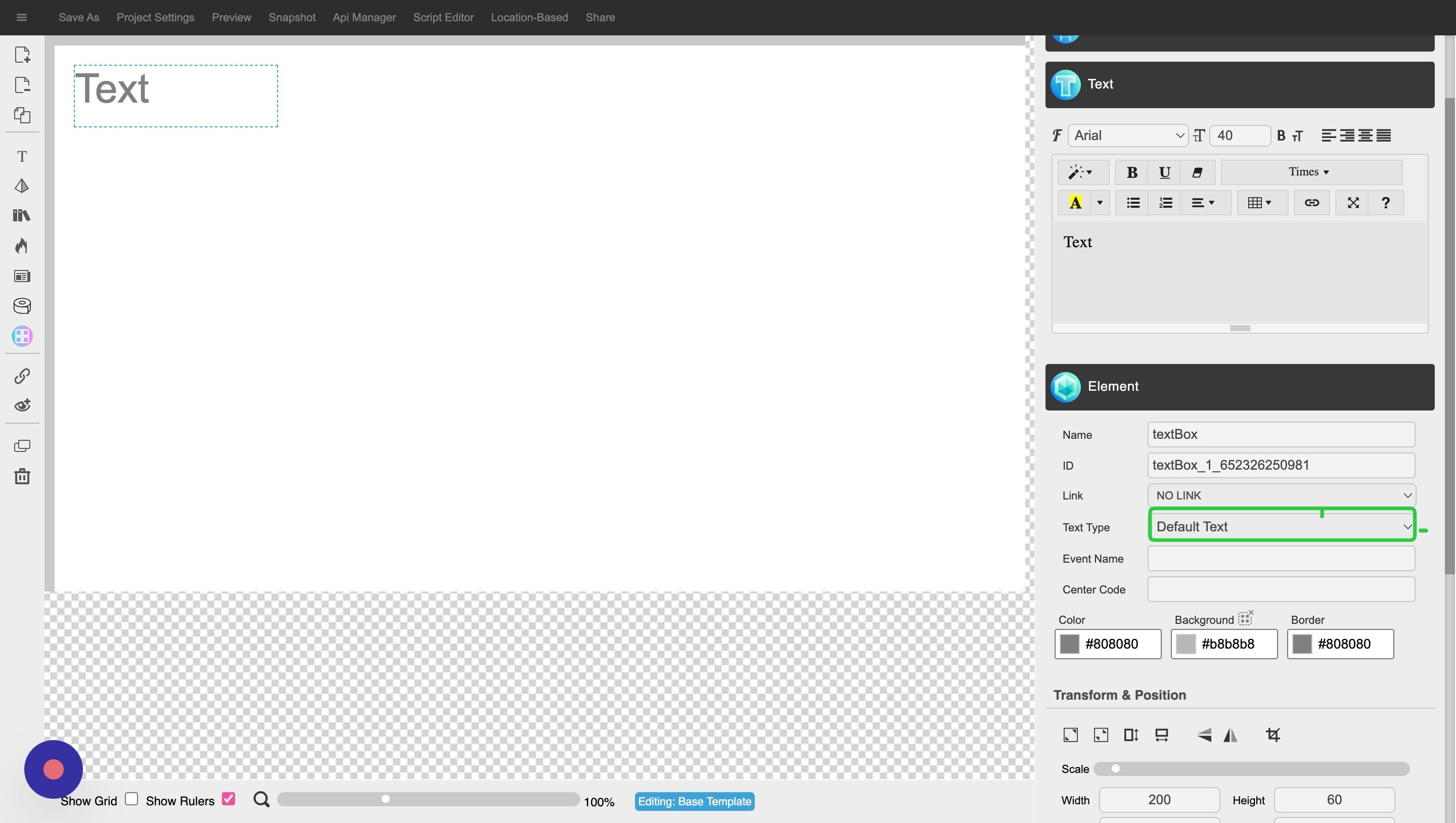 Screenshot of: Click on the 'Text Type' drop-down. 'Default Text' will be selected by default.