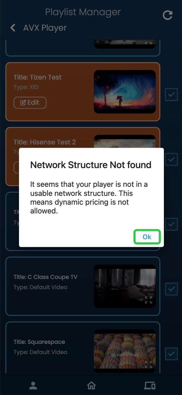 Screenshot of: If this pop up message shows up, it means that your player is not in a Network Structure. \
\
You will need to create and place both your player and your XiD project into this network structure before you can proceed. There is a seperate Scribe teaching you how to do this.