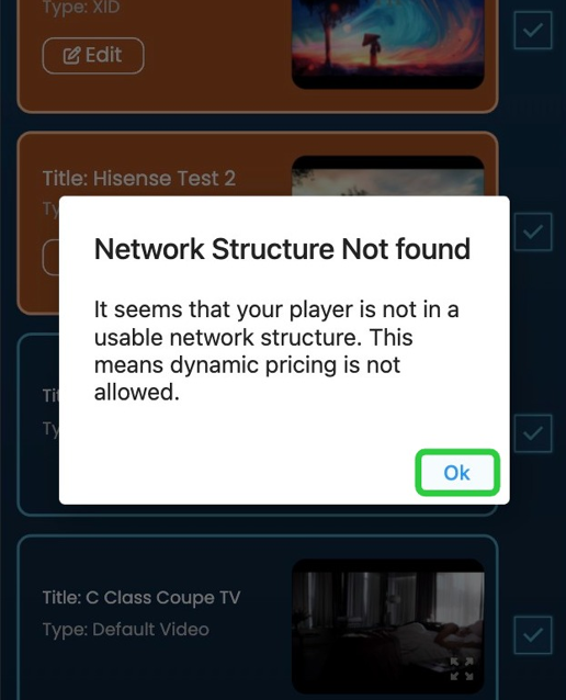 Screenshot of: If this pop up message shows up, it means that your player is not in a Network Structure. \
\
You will need to create and place both your player and your XiD project into this network structure before you can proceed. There is a seperate Scribe teaching you how to do this.