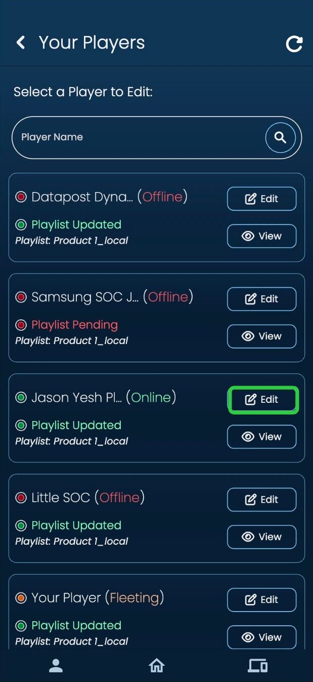 Screenshot of: Click on the 'Edit' button on the player you wish to edit.