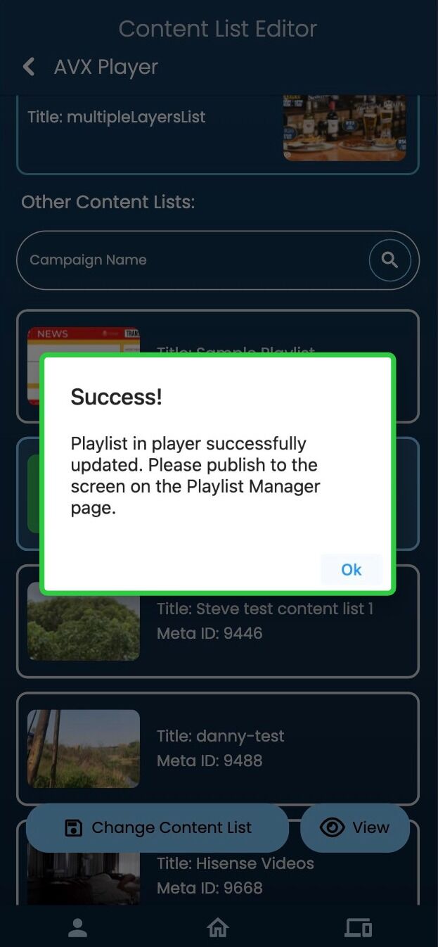 Screenshot of: This message will let you know that your content list has been successfully changed.
