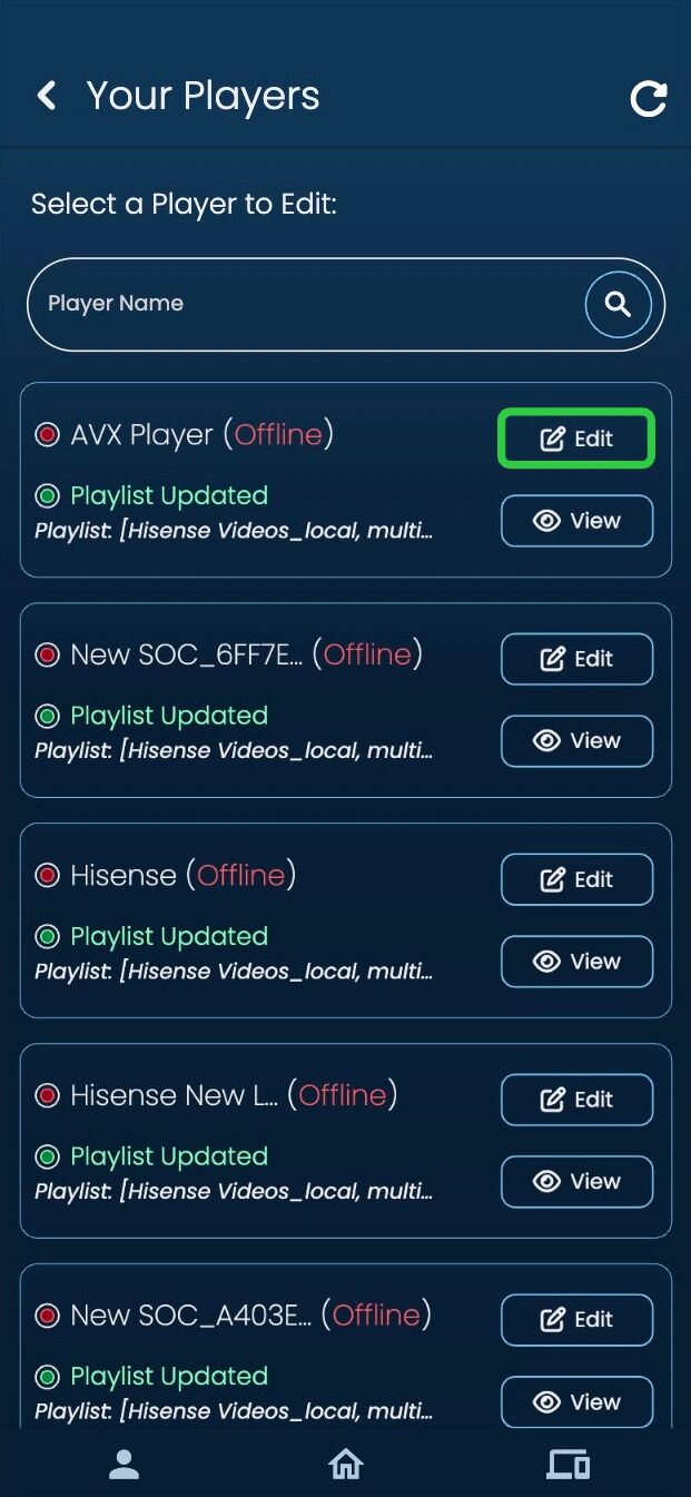 Screenshot of: Click the 'Edit' button of the player.
