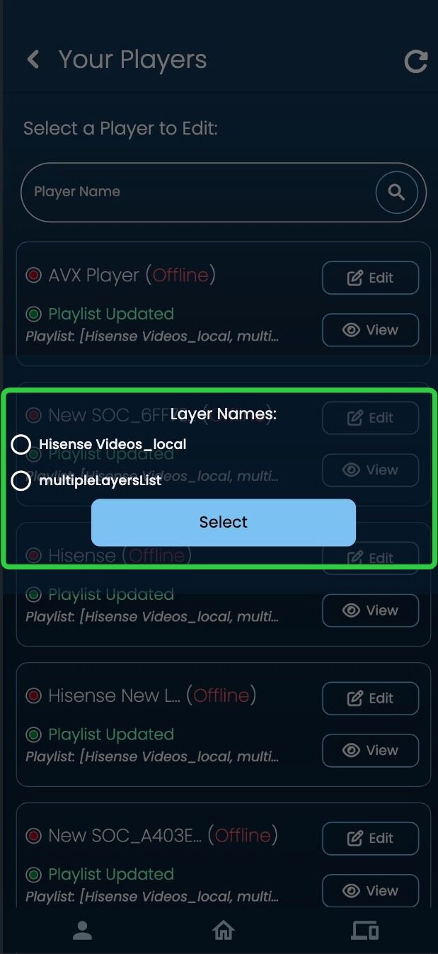 Screenshot of: This will pop up if you have multiple layers with content lists in the player.