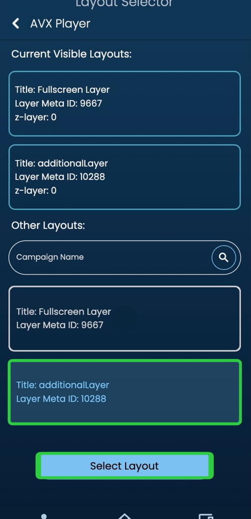 Screenshot of: The top half of the page states which layers are available, and the bottom is where you can select which one you want to edit. The selected layer will highlight in blue, as shown in the picture below. Then click the select button.