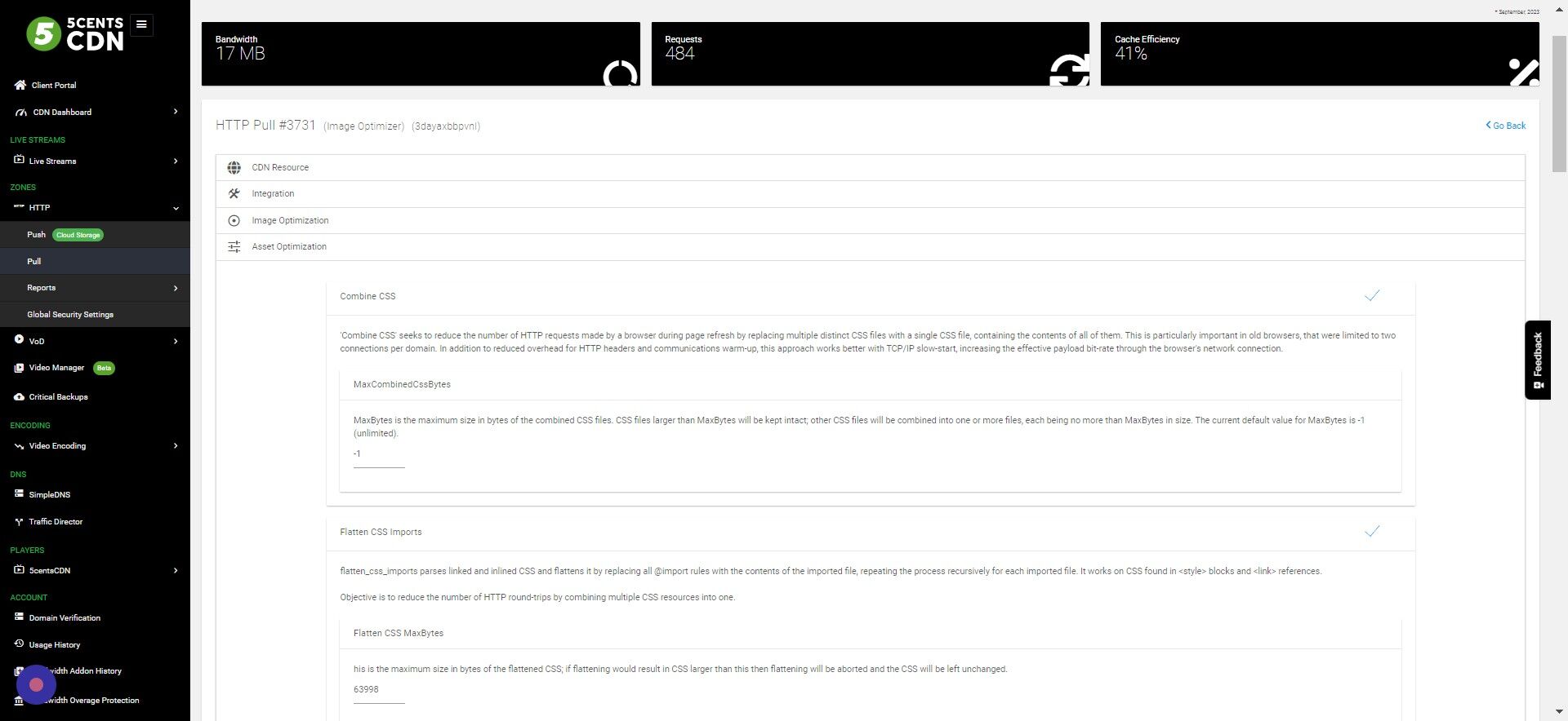Screenshot of: Combine CSS 'Combine CSS' seeks to reduce the number of HTTP requests made by a browser during page refresh by replacing multiple distinct CSS files with a single CSS file, containing the contents of all of them. This is particularly important in old browsers, that were limited to two connections per domain. In addition to reduced overhead for HTTP headers and communications warm-up, this approach works better with TCP/IP slow-start, increasing the effective payload bit-rate through the browser's network connection. MaxCombinedCssBytes : MaxBytes is the maximum size in bytes of the combined CSS files. CSS files larger than MaxBytes will be kept intact; other CSS files will be combined into one or more files, each being no more than MaxBytes in size. The current default value for MaxBytes is -1 (unlimited). 