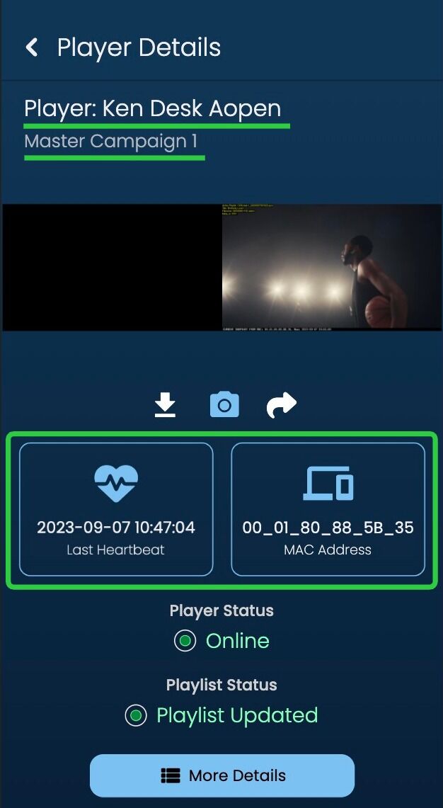 Screenshot of: The information on the page is highlighted here. There is the name of the player at the very top, followed by the name of the content list within the player. The Last heartbeat of the player and mac address are also in the centre of this page for easy access.