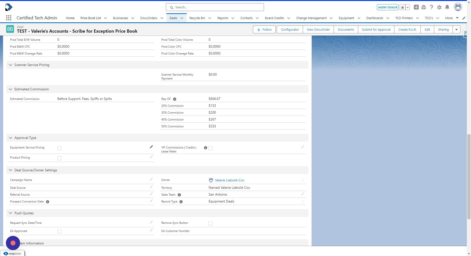 Screenshot of: If you are using the Exception Price Book, you MUST get approval for the Device(s) you selected from it, as these are all Non-Approved devices.

To start the Approval process, on the DEAL screen, scroll down to the Approval Type Section and select "Equipment: Service Pricing" and check mark this item.