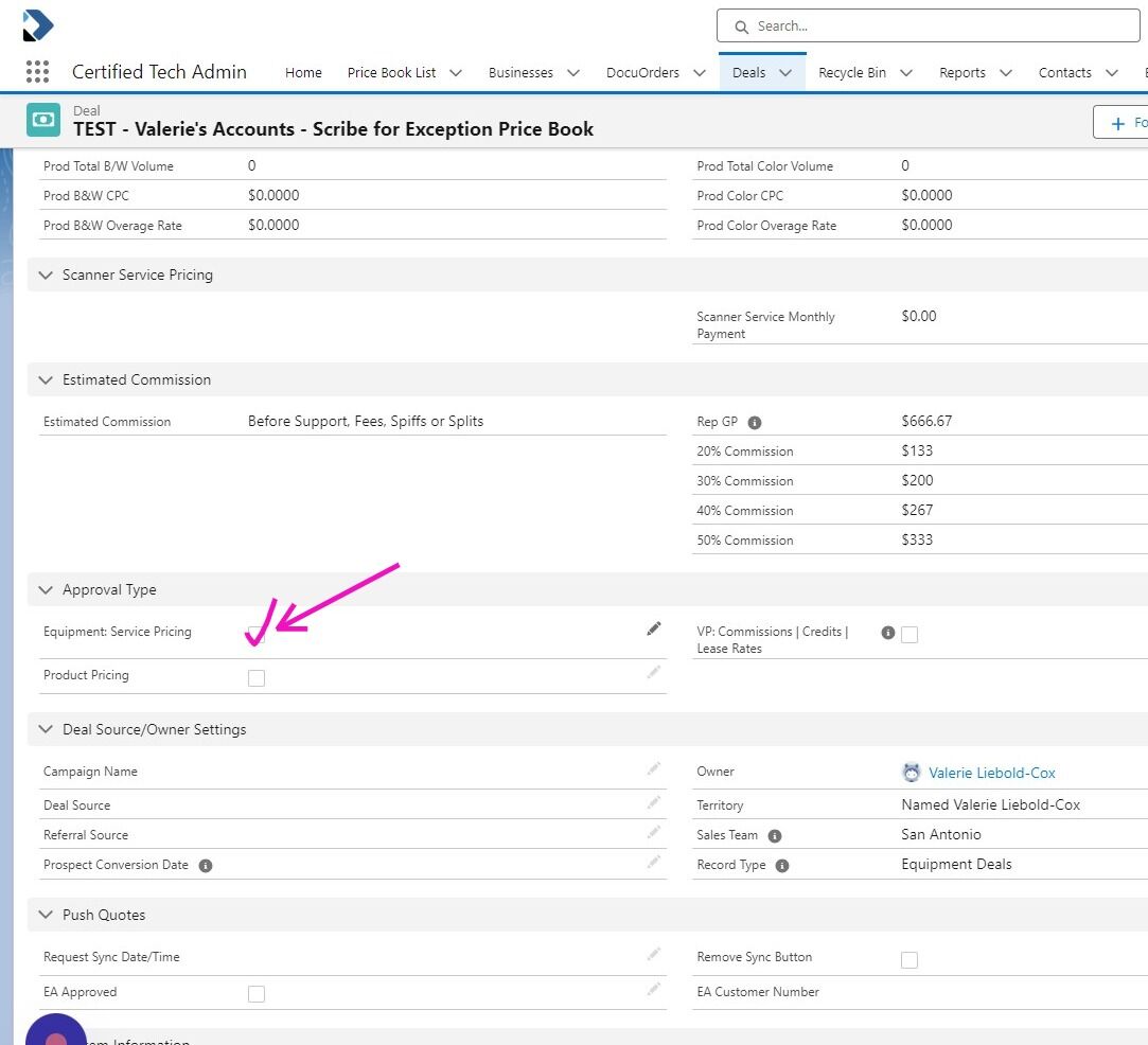 Screenshot of: Click the pencil to start the Edit function and check mark the "Equipment: Service Pricing"