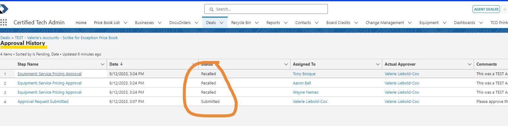 Screenshot of: Approval History will show you the status of the Approval and who it went to for the approval.