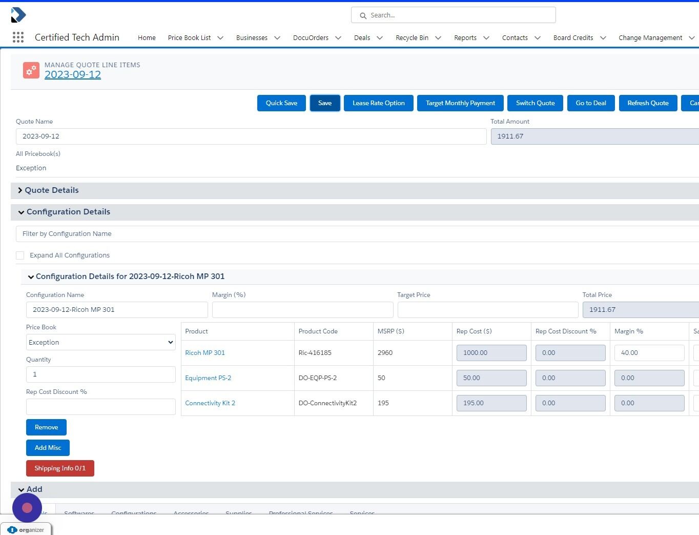 Screenshot of: After you have added all the devices, accessories, volumes and CPC rate, lease rate, etc....Save your Configuration.