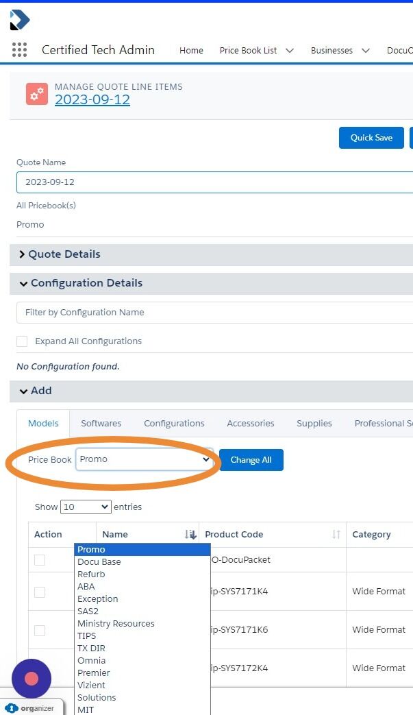 Screenshot of: Click the Price Book dropdown at the ADD section.