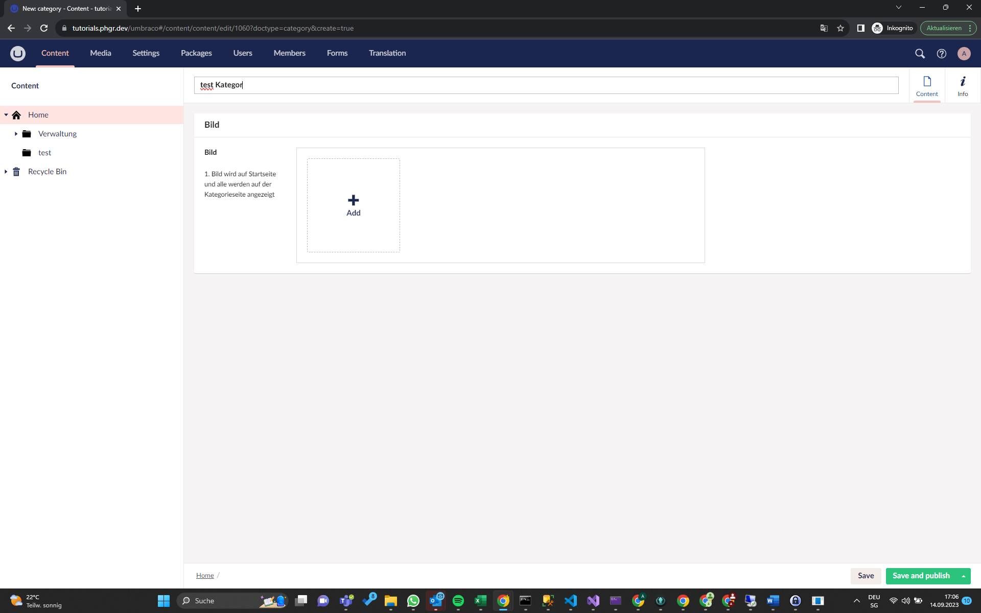 Screenshot of: (optional) Bilder hinzufügen. Diese werden auf der Seite der Kategorie oben als Slider dargestellt
