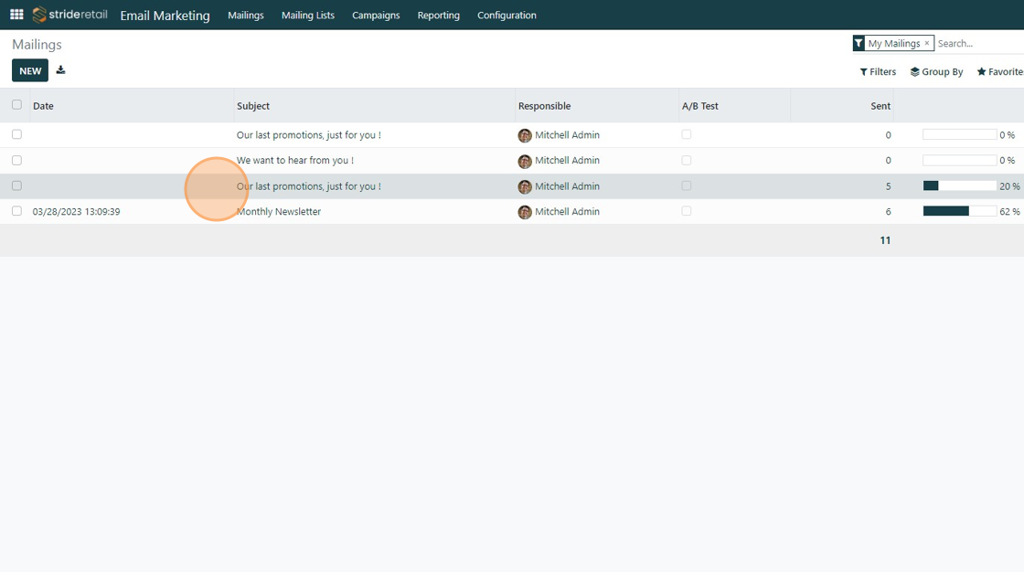 Screenshot of: Select the email you want to send or create a new email.