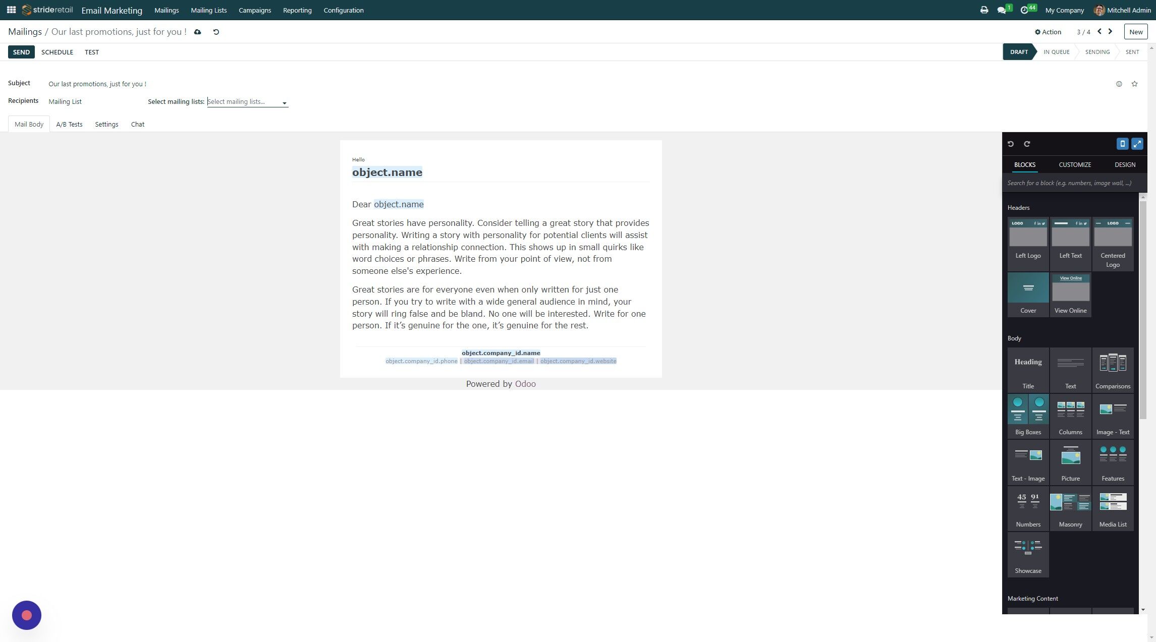 Screenshot of: Mailing lists are pre-determined by you (or when people sign up on the website).  They cannot be filtered.  