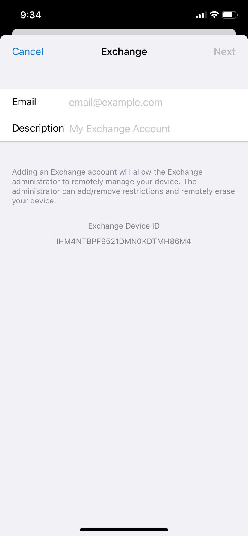 Screenshot of: Type in your email address. The description can be whatever you want. Then Tap Next.