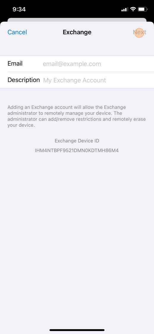 Screenshot of: Type in your email address. The description can be whatever you want. Then Tap Next.
