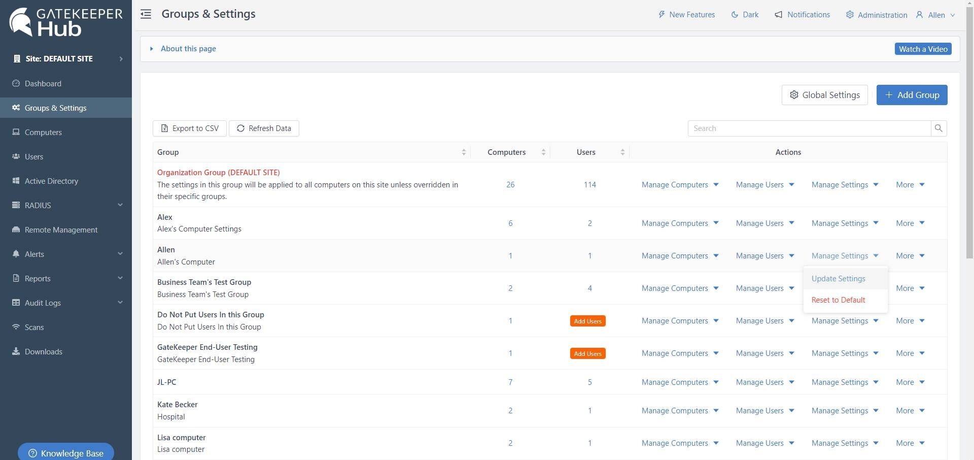 Screenshot of: Search the User and click "Manage Settings" under actions then click "Update Settings".