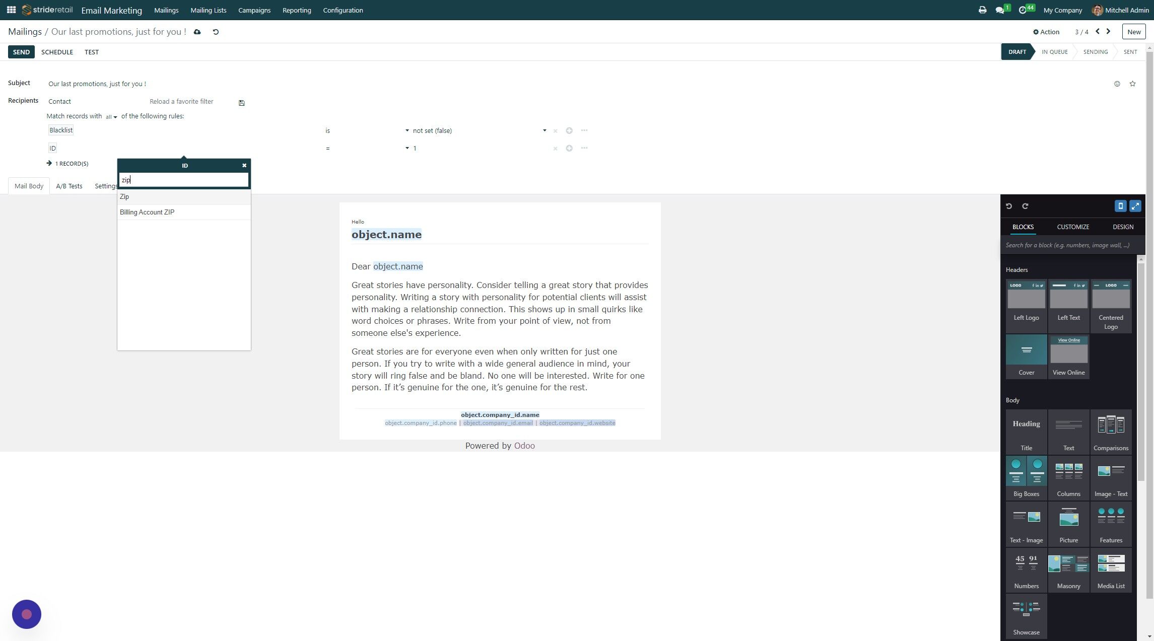 Screenshot of: In this example we are filtering by zip code but there are many different fields that can be used for filtering.