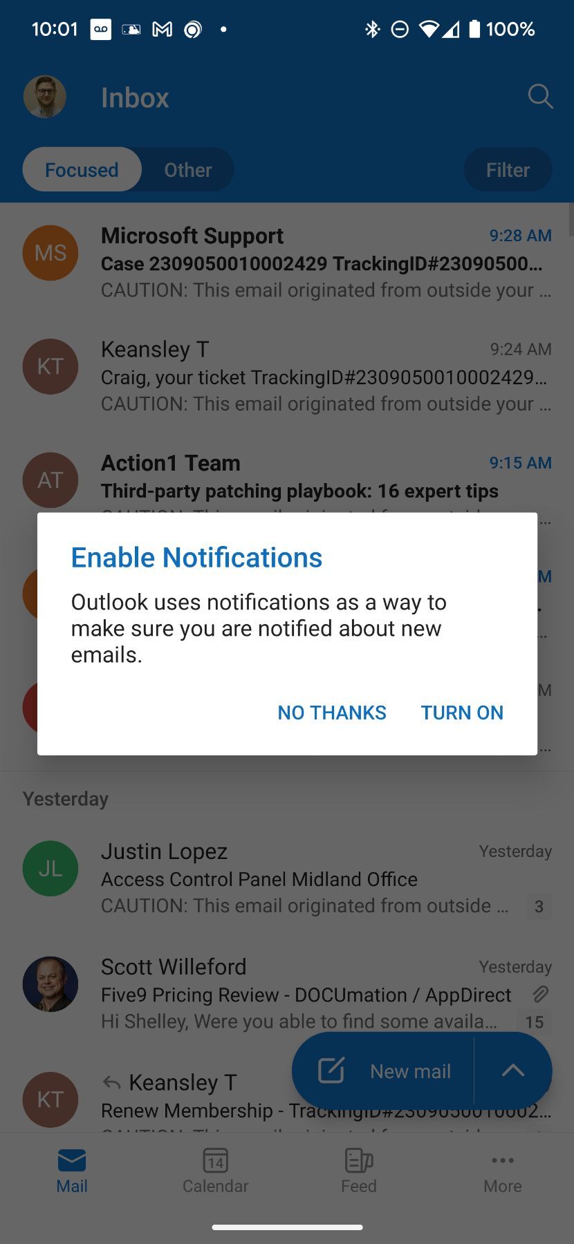 Screenshot of: Tap Turn on if you'd like to see your notifications when emails come in.