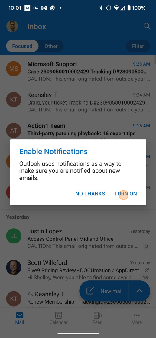 Screenshot of: Tap Turn on if you'd like to see your notifications when emails come in.