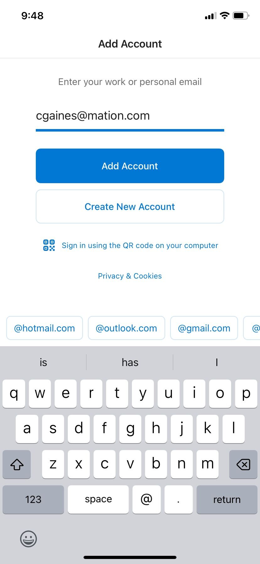 Screenshot of: Type in your email address and then tap add account.