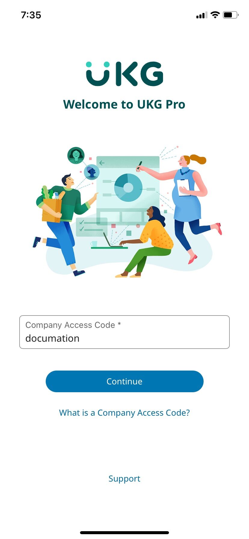 Screenshot of: Type in documation in the Company Access Code field. Tap continue.