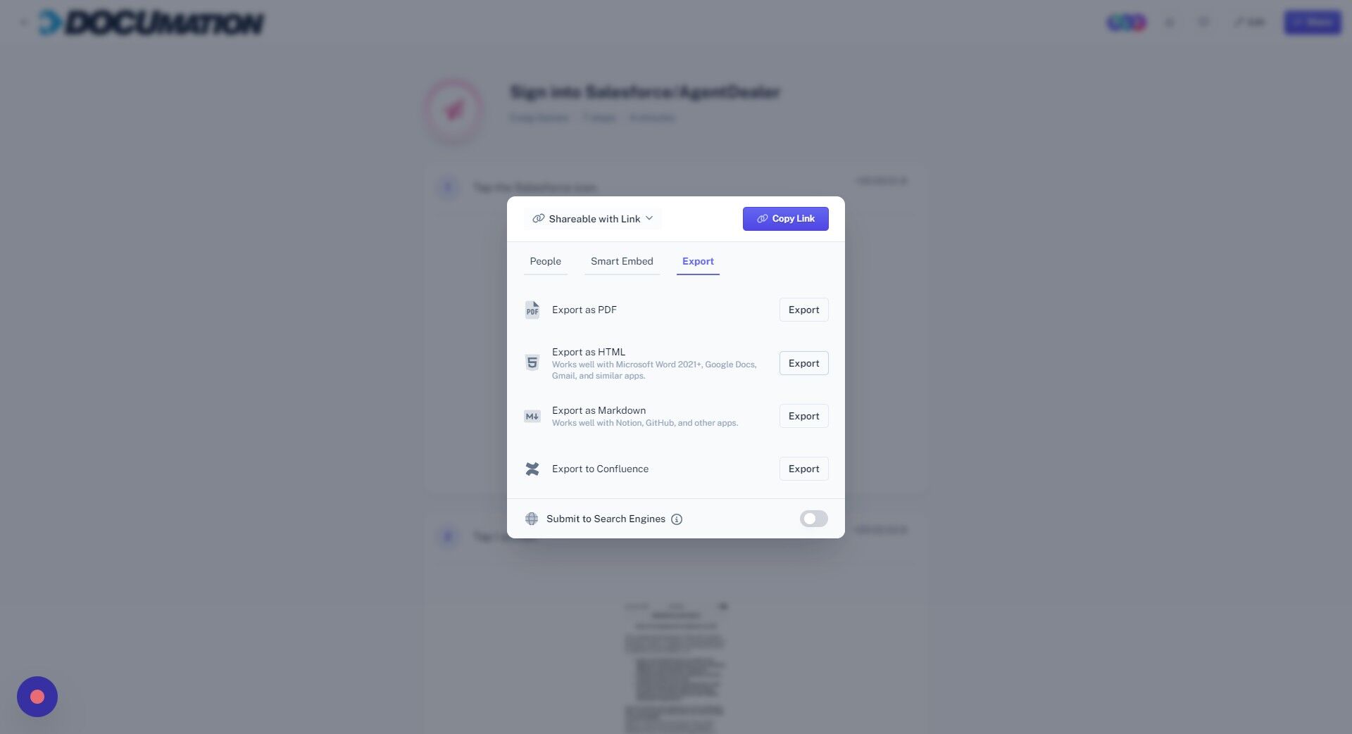 Screenshot of: Click "Export" next to Export as HTML