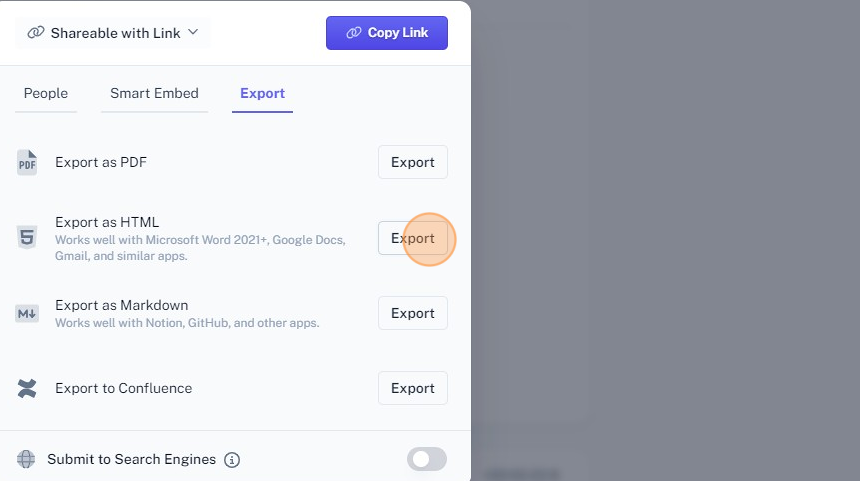 Screenshot of: Click "Export" next to Export as HTML