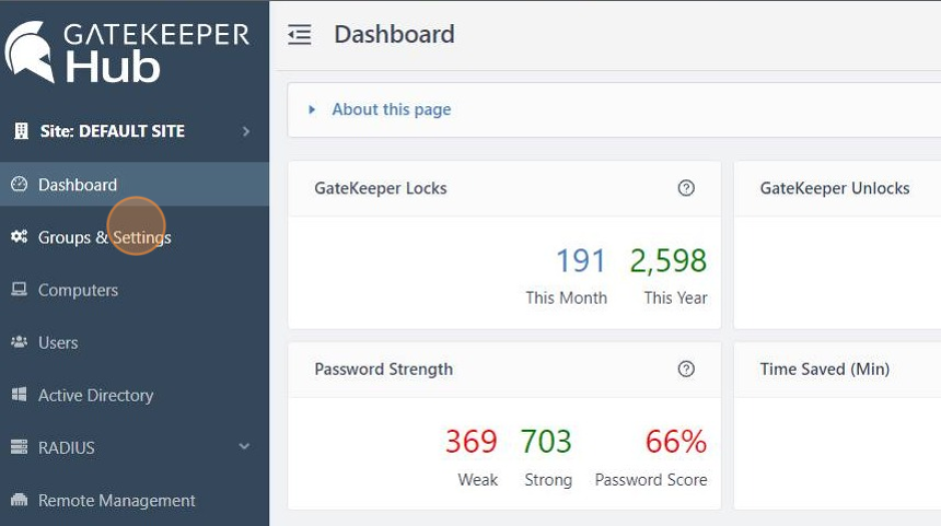 Screenshot of: Log in to your GateKeeper Hub and click "Groups & Settings".