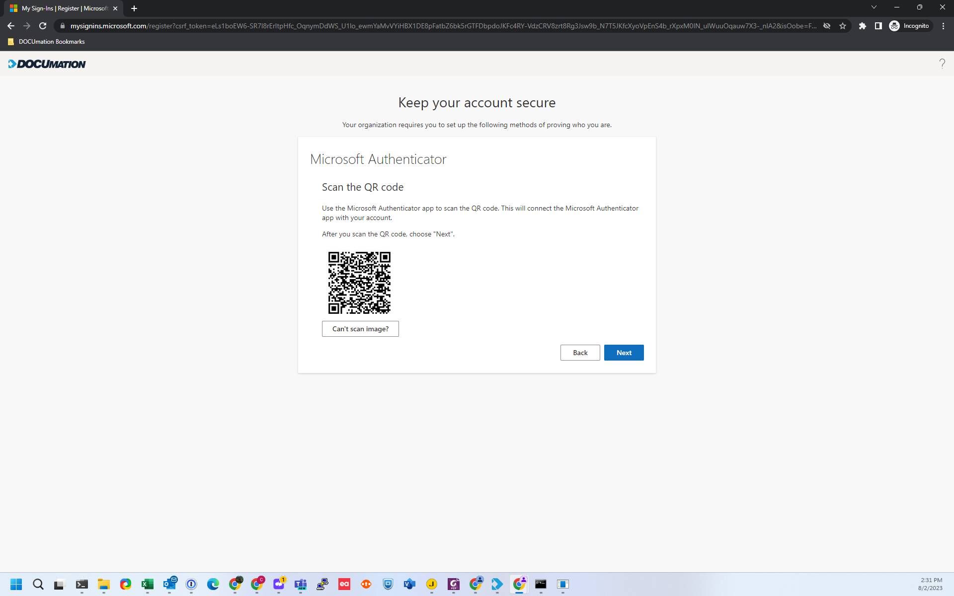 Screenshot of: Scan the QR Code and then click Next.