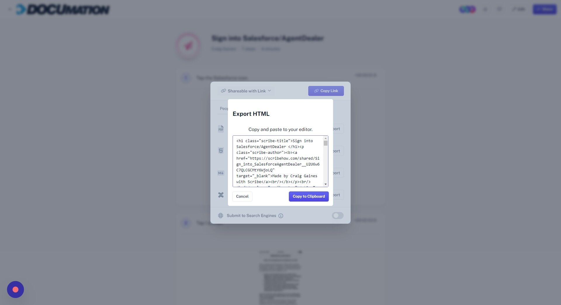 Screenshot of: Click "Copy to Clipboard"