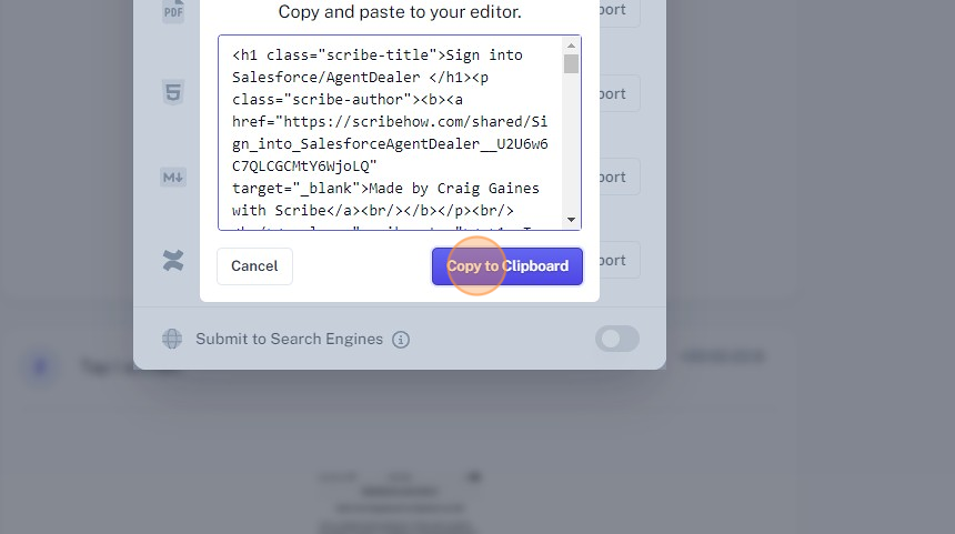 Screenshot of: Click "Copy to Clipboard"