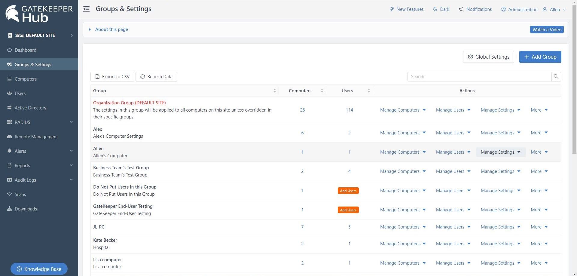 Screenshot of: Choose a group of computers and click "Manage Settings".