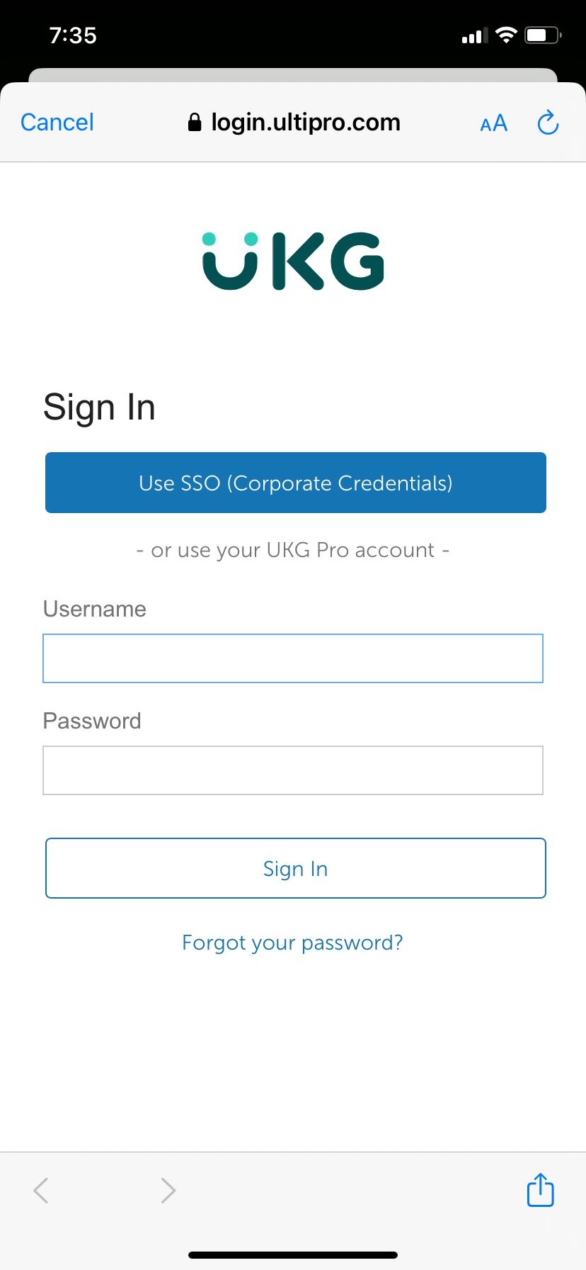 Screenshot of: Tap Use SSO (Corporate Credentials)