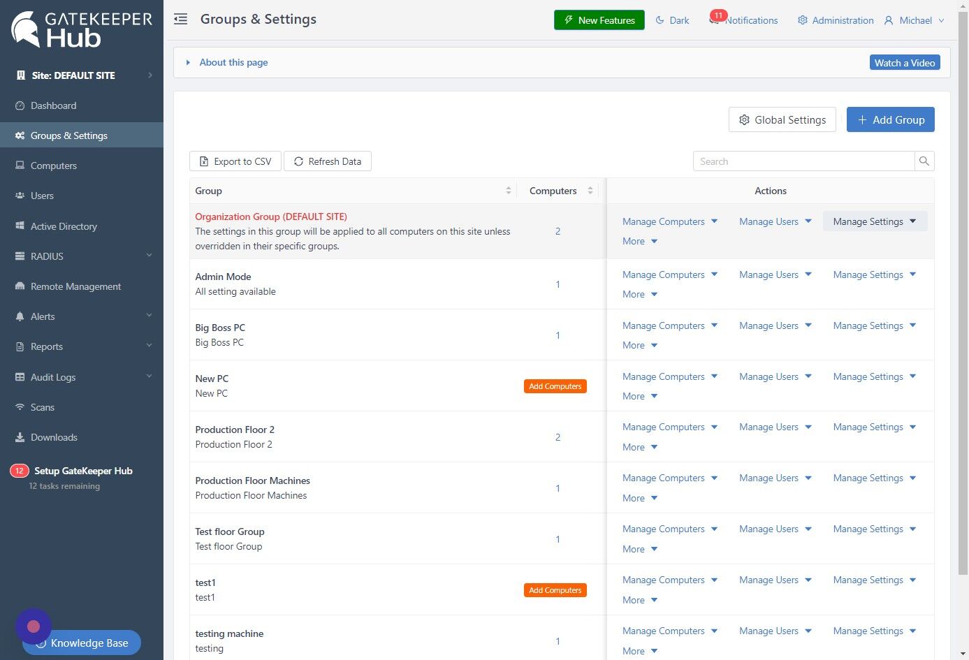 Screenshot of: Choose a group of computers and click "Manage Settings".