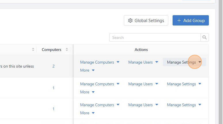 Screenshot of: Choose a group of computers and click "Manage Settings".
