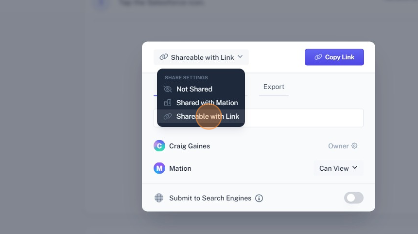 Screenshot of: Click "Shareable with Link"