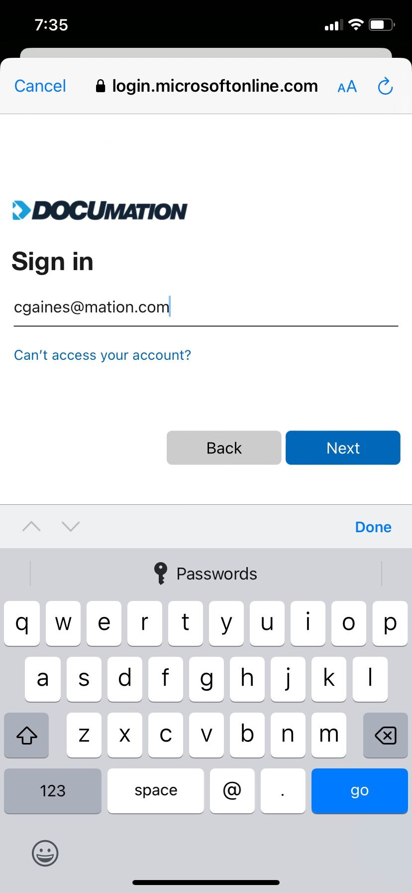 Screenshot of: Type in your email address and then tap next.