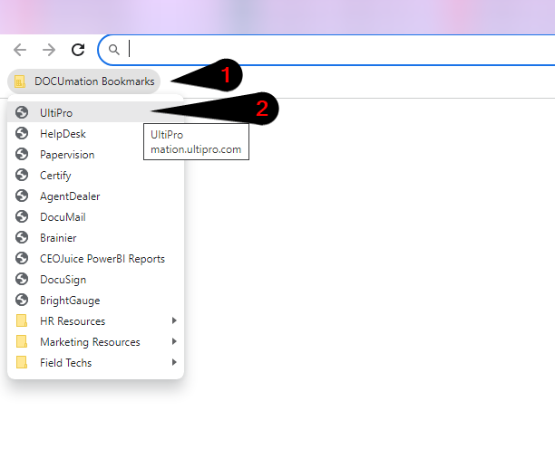 Screenshot of: Go to DOCUmation Bookmarks and then UltiPro. 