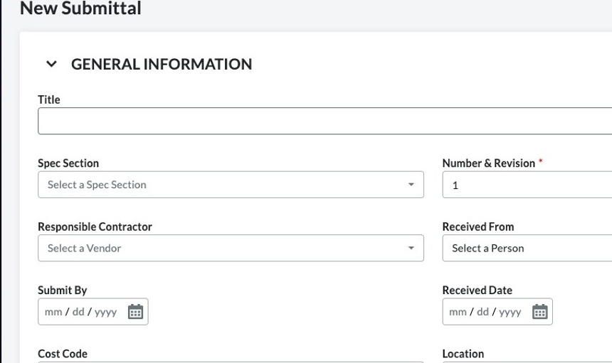 Screenshot of: Enter in the General Information as you normally would when creating a submittal.