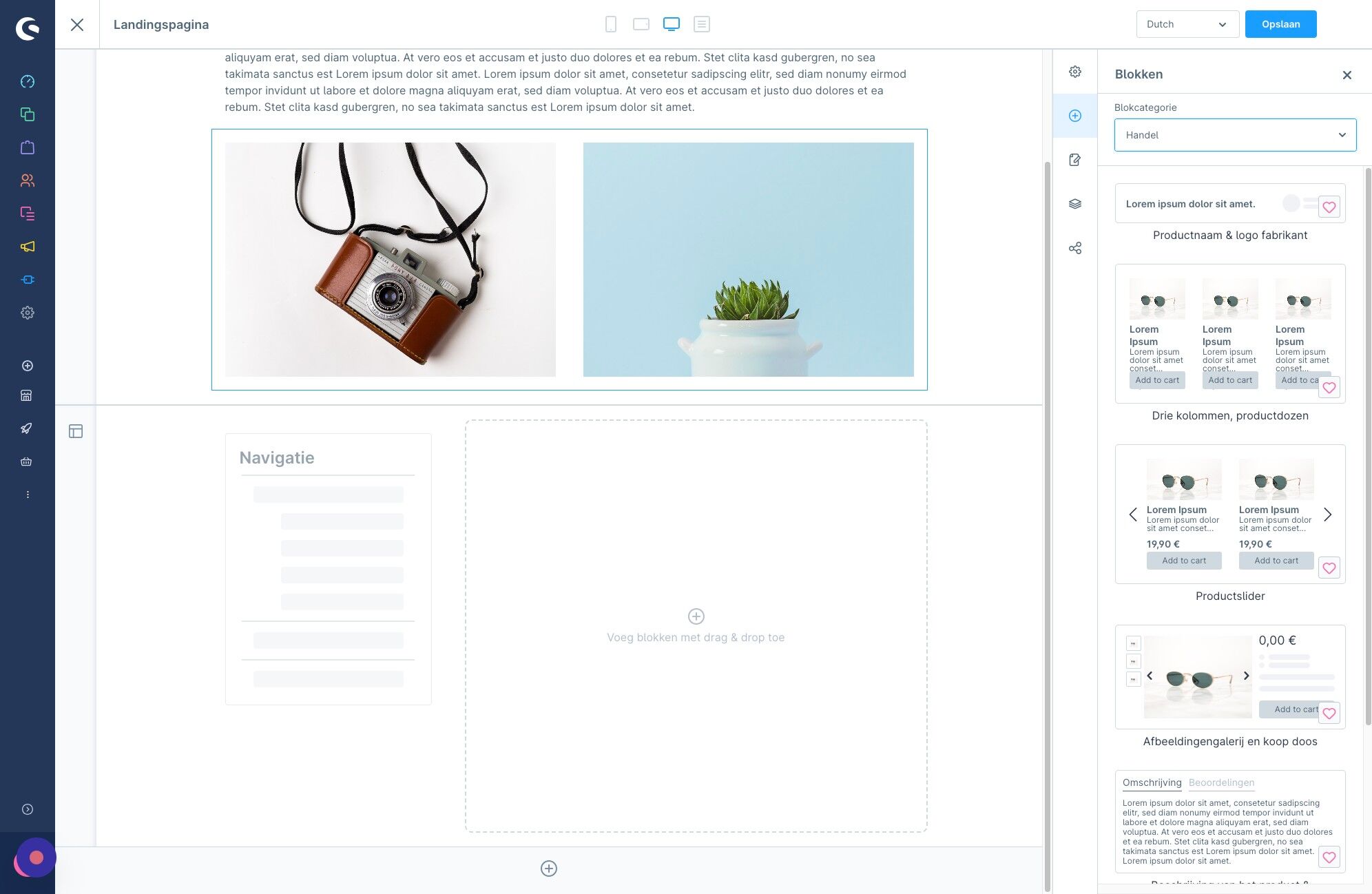 Screenshot of: Shopware biedt een collectie aan 'commerce' blokken die je kan inzetten