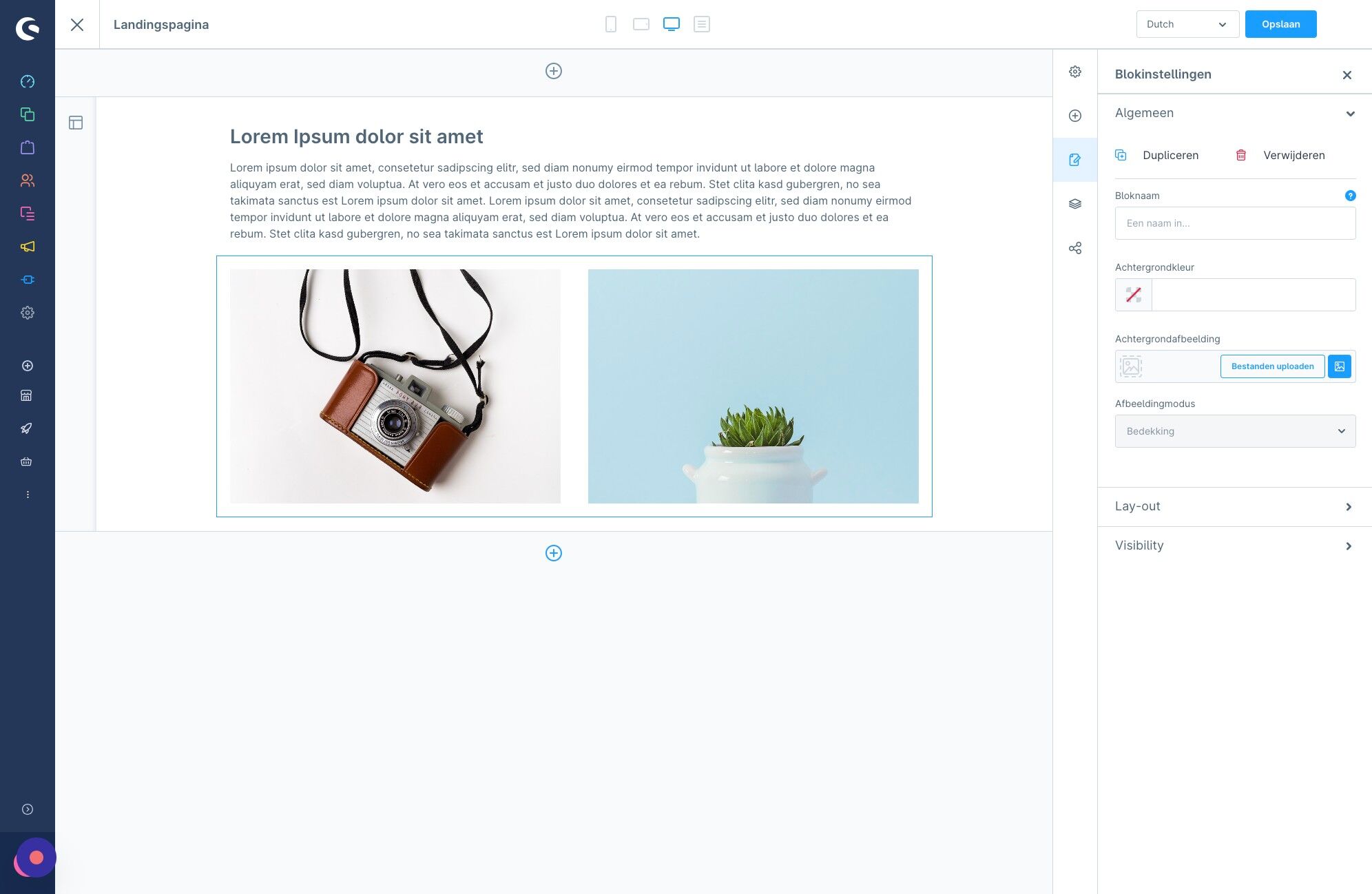 Screenshot of: Ook kan je in een opzet werken met verschillende indelingen. Klik op de '+' onder het vorige blok, buiten het witte kader