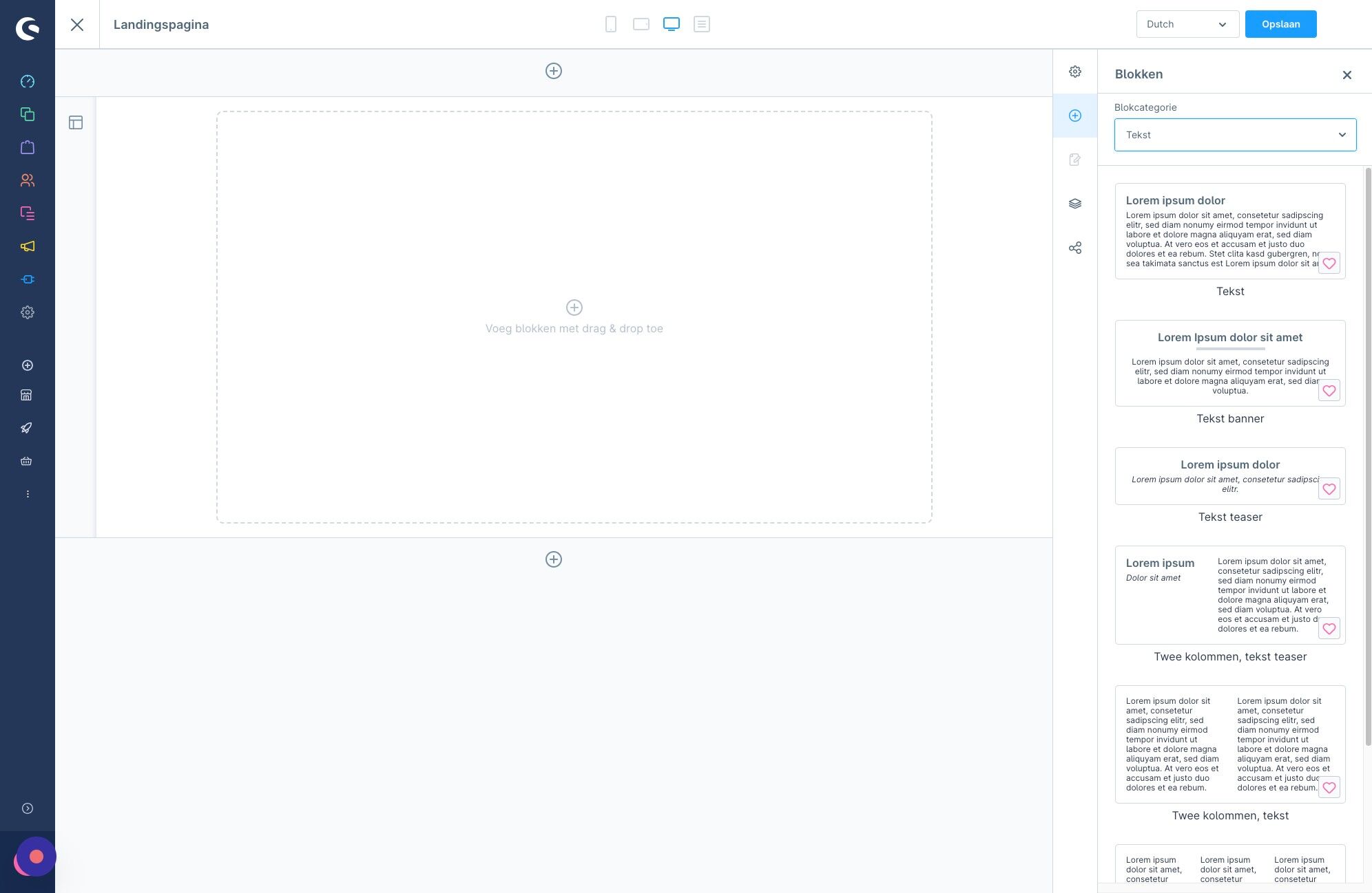 Screenshot of: Rechts schuift het menu uit, hier heb je keuze uit een breed scala aan 'blokken'