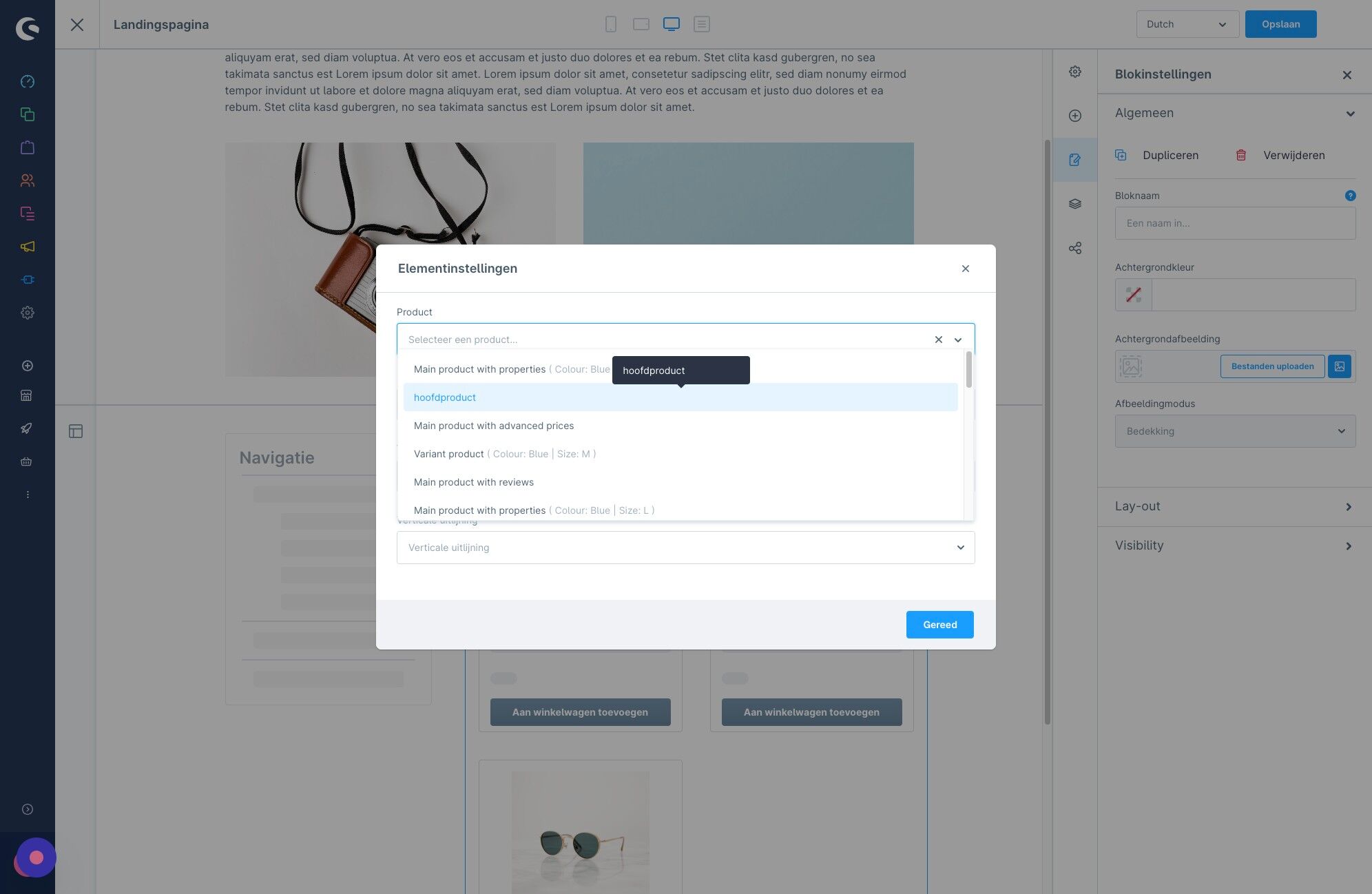 Screenshot of: Kies zelf welke producten of onderdelen op je pagina terug komen