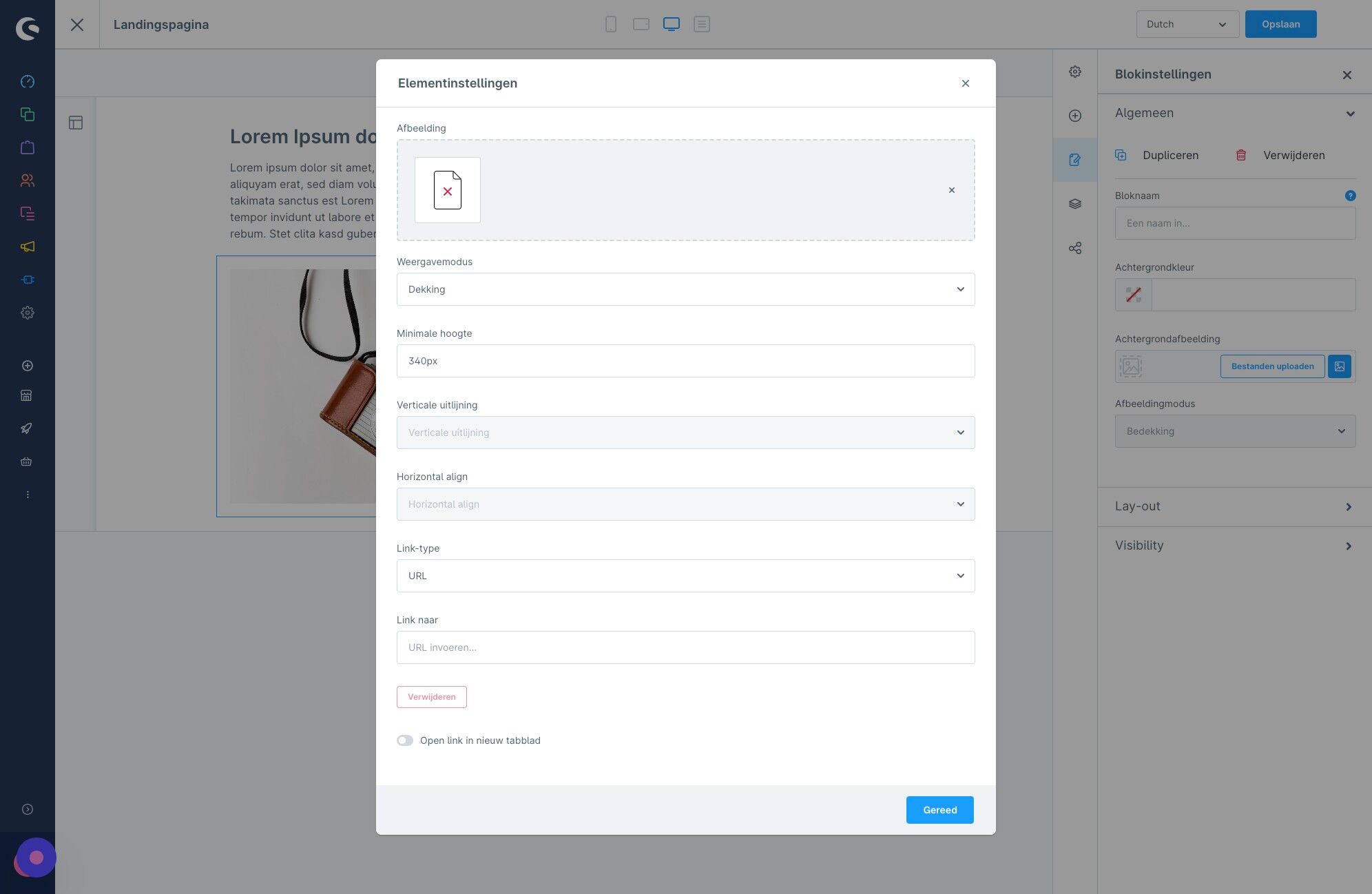 Screenshot of: Hier heb je diverse instellingen om dit blok geheel naar wens te vullen
